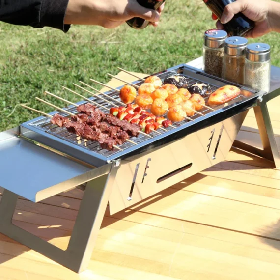 🔥Clearance Price $5.99🔥Portable Camping BBQ Grill 3 Hight Adjustable Stainless Steel Folding Charcoal Backpacking Stove with Grill Gloves Carry Bag