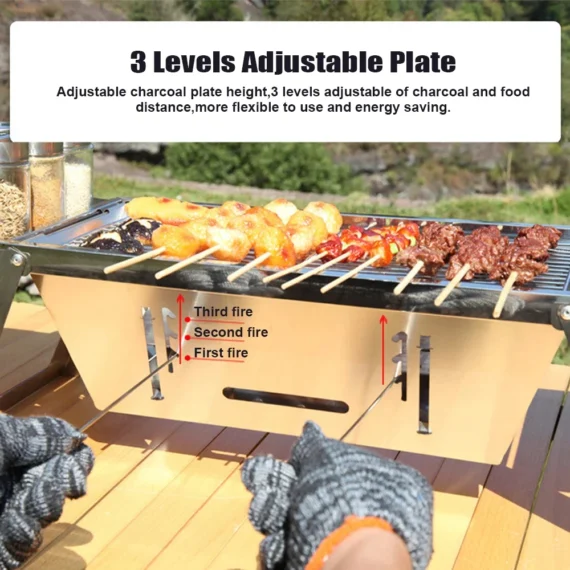 🔥Clearance Price $5.99🔥Portable Camping BBQ Grill 3 Hight Adjustable Stainless Steel Folding Charcoal Backpacking Stove with Grill Gloves Carry Bag