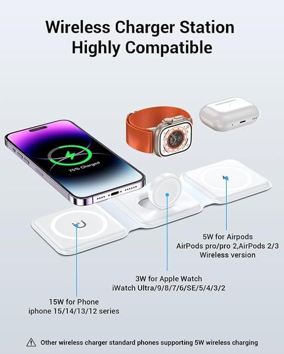 Wireless Charger, Magnetic Foldable 3 in 1 Mag-Safe Charger, Fast Travel Wireless Charging Station for iPhone 15/14/13/12/ Series,for iWatch,for AirPods (Adapter Included)